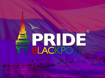 Poster with top of tower in rainbow colours and Pride Blackpool written next to it.