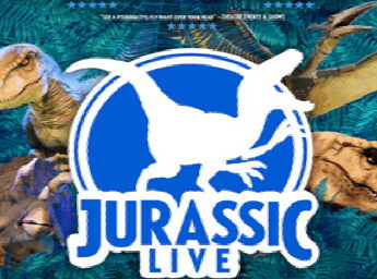 A poster with pictures of dinosaurs and a reproduction of the Jurassic films' icon.