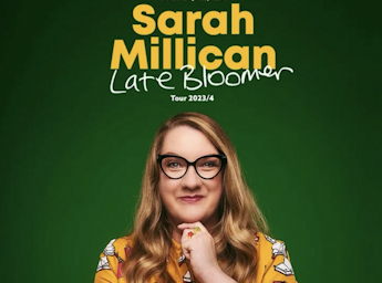 A green poster with a picture of Sarah Millican