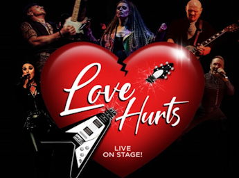A black poster with a big red broken heart in the middle, surrounded by musicians.