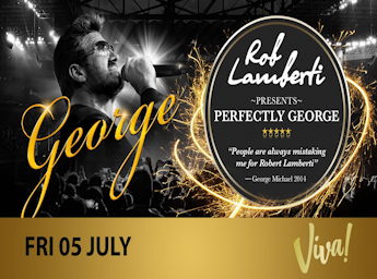 A poster with a picture of Rob Lamberti as George Michael.