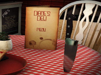 A picture of a café table with a menu and a knife.