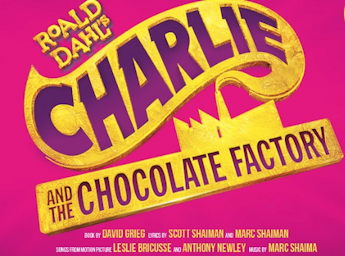 A pink poster with Charlie and the chocolate factory written in purple and yellow.