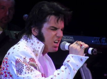 A picture of Chris Connor performing as Elvis Presley. 