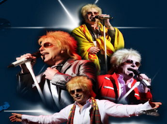 A picture of a Rod Stewart look-alike performing.