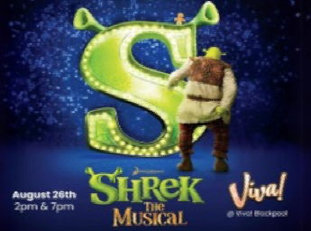A poster with the big green Shrek's  S and Shrek turning is back to the audience.
