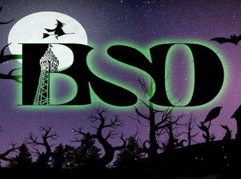 A spooky poster showing a witch flying at night against the moon in the background, trees shadows in the foreground.