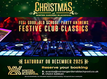 A picture of a DJ set and people dancing.