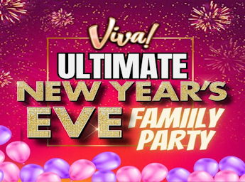 A red poster with the name of the show, balloons and fireworks.