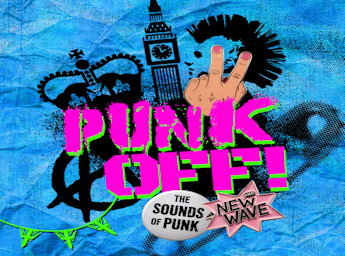 A poster with man's hand giving 2 fingers, the royal crown, big ben, a punk head and the title written in pink.