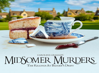 A picture of a table in a garden with a broken cup of tea, a victoria sponge cake and a knife with jam. 