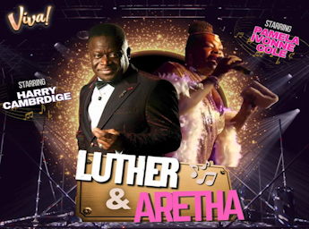 A picture of a stage and the title of the show written A picture of a man as Luther and a woman as Aretha singing. 