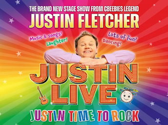 A poster with the rainbow colours and a pictur eof Justin Fletcher. 