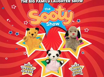 A red poster with Sooty, Sweep and Soo.