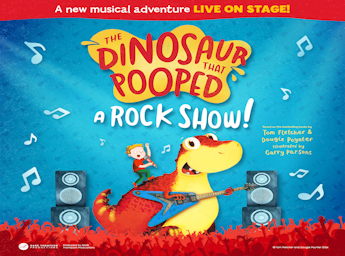 A blue poster with a drawing of a dinosaur playing electric guitar.