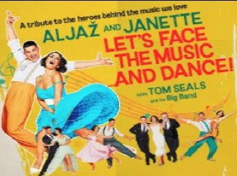 A picture of Aljaz and Janette dancing  dressed in 50s style.