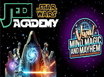 An illustration with  finctional characters, in Star Wars-style costumes, weaving laser sabers.