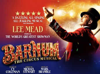 A picture of Lee Mead dressed as Barnum under spotlights.