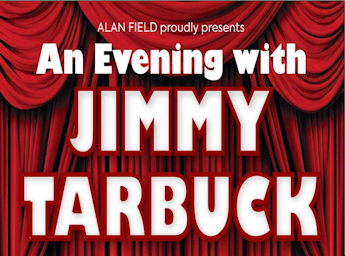 A picture of a red theatre curtain and the name of the show