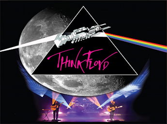 A picture of the Think Floyd band on stage and the famous prism decompsing the light into a rainbow.