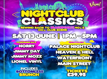 A blue and purple poster with names of DJs and Nightclubs.