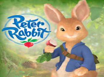 A drawing of Peter Rabbit eating a radish.