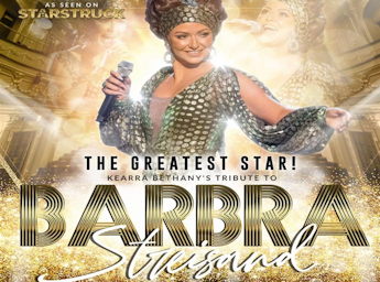A golden poster with a picture of Kearra Bethany as Barbra.