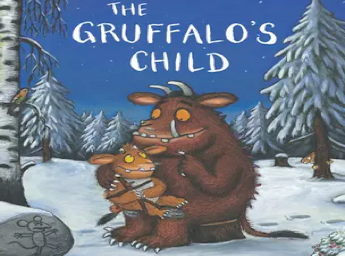 A drawing of the Gruffalo and it's child in a forest in the winter.