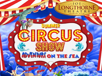 A poster with drawings of circus artists and a circus tent.