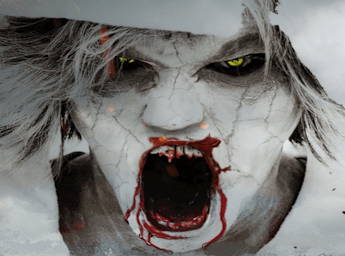 A picture of a zombie face with blood on his teeth and lips.