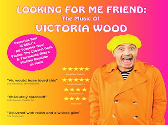 A yellow, orange and pink poster with a pictire of a man laughing.