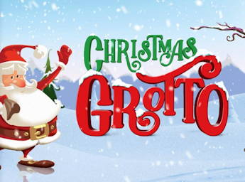 Santa Claus on the left, in the center written in green and red 'Christmas Grotto'.