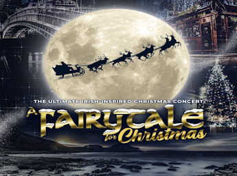 A drawing of Santa on his flying sledge pulled by the reindeers with the moon in background.