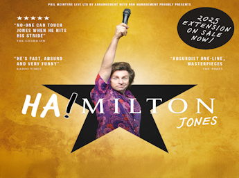 A picture of Hamilton holding a microphone and coming out of a black star.
