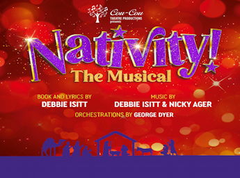 A red poster with a drawing of the nativity.