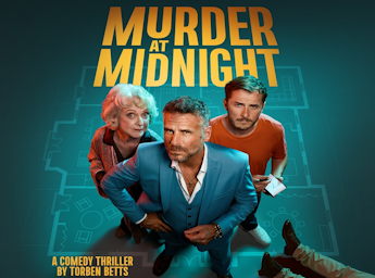 A picture of Bthe feet of a ded man and Jason Durr, Susie Blake and Max Boden looking at the camera.