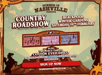 A poster with a drawing oa American Far West and two cowboys.