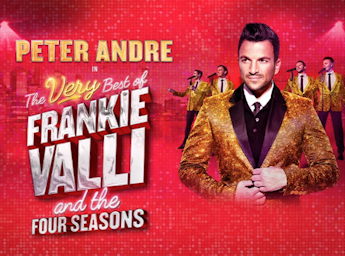 A red poste with Peter Andre in a golden suit and four men singing behind him.