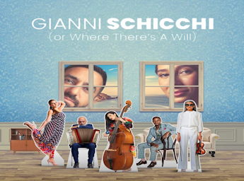 A poster showing a familly of musicians and two windows.