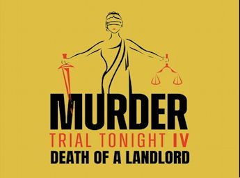 A yellow poster with the symbold of justice (a blinded woman holding a sword and a scale).